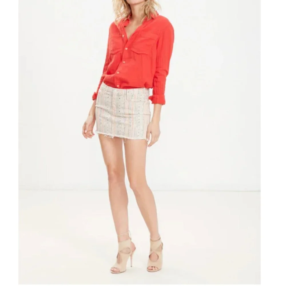 Mother Mini Skirt 27 Straight Frayed Hem Striped Cotton Stretch Cotton Mandarin